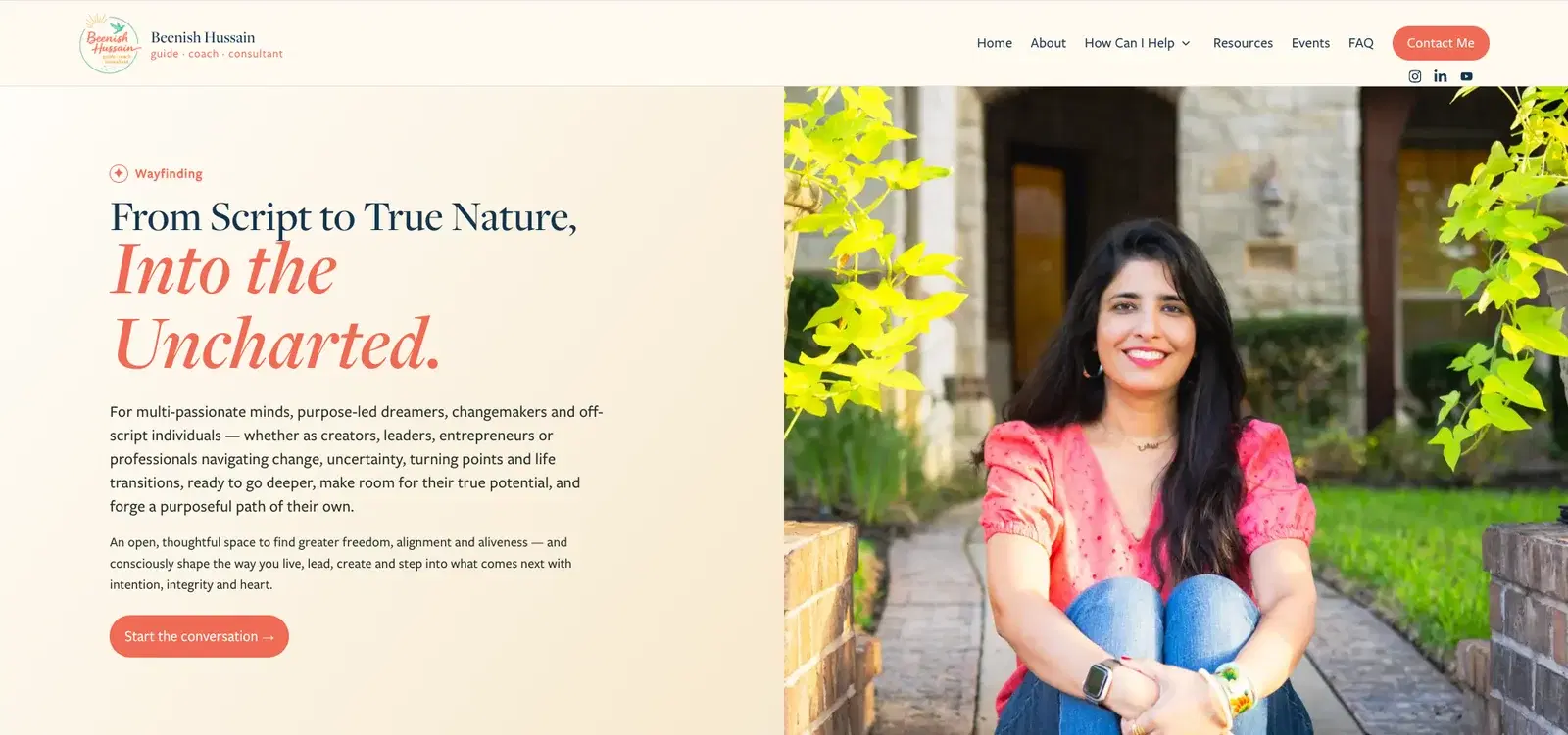 Beenish Hussain’s coaching website with coral typography, a cream background and a bright outdoor portrait.