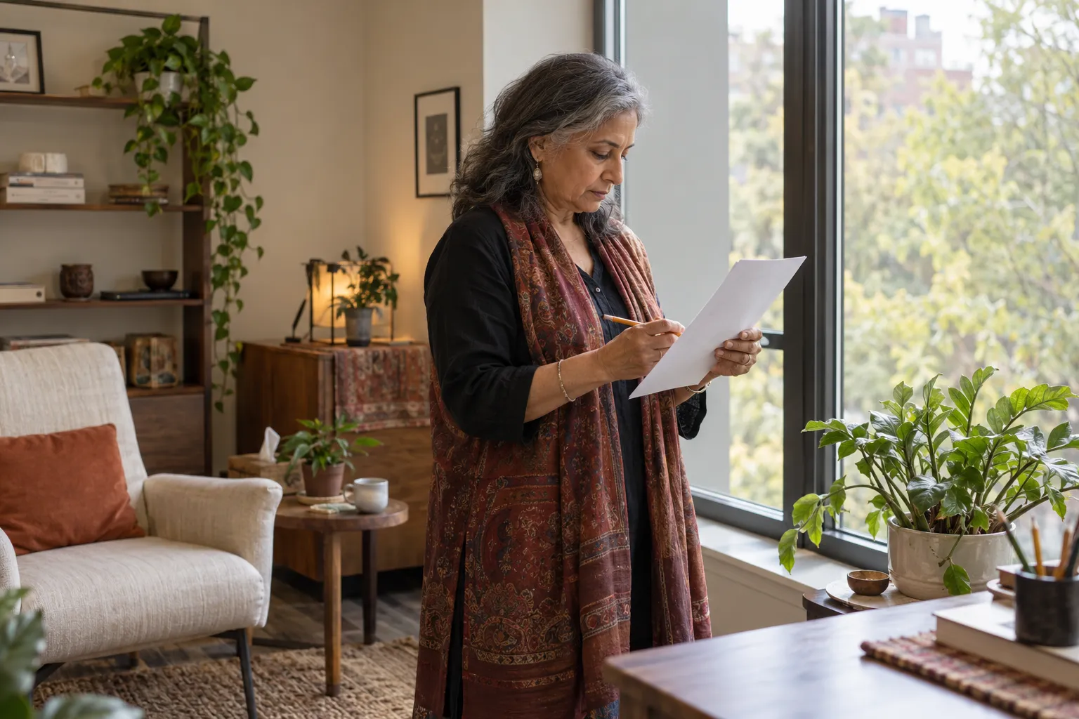 A counselor in her sixties reads a printed draft by an office window, pencil in hand, marking a line